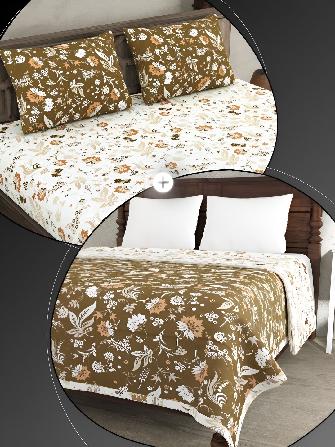 

JAIPUR FABRIC White & Olive Green Floral Cotton 4 Piece Double King Fine Bedding Set