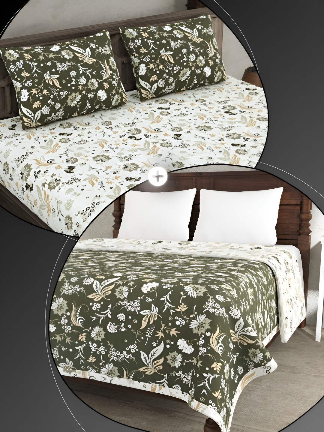 

JAIPUR FABRIC White & Green Floral Cotton 4 Piece Double King Fine Bedding Set