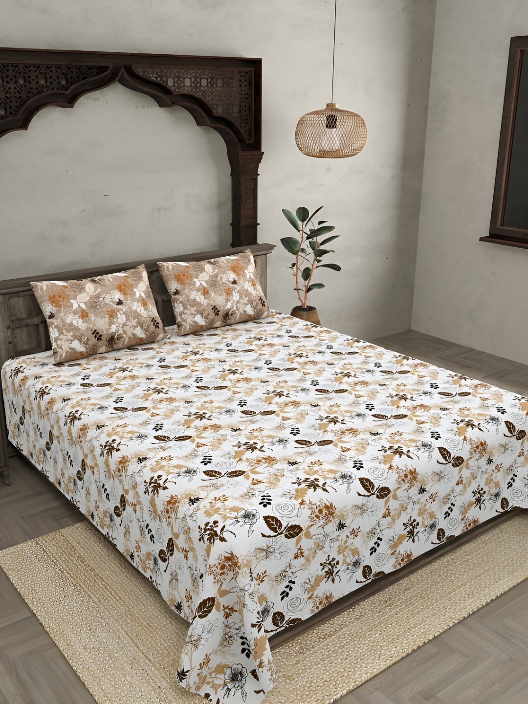 

JAIPUR FABRIC White & Brown Floral Cotton 4 Piece Double King Fine Bedding Set