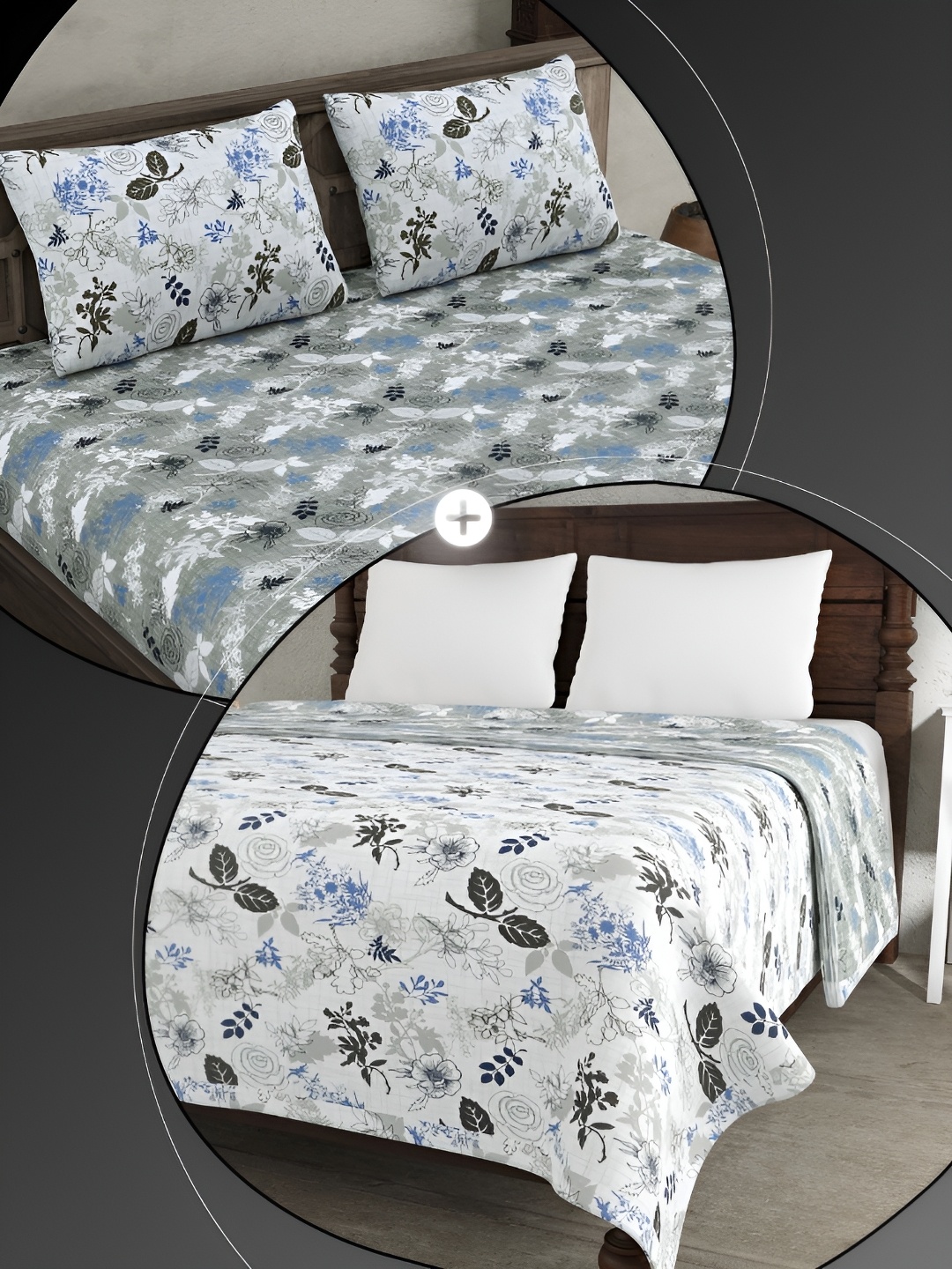 

JAIPUR FABRIC White & Blue Floral Cotton 4 Piece Double King Fine Bedding Set