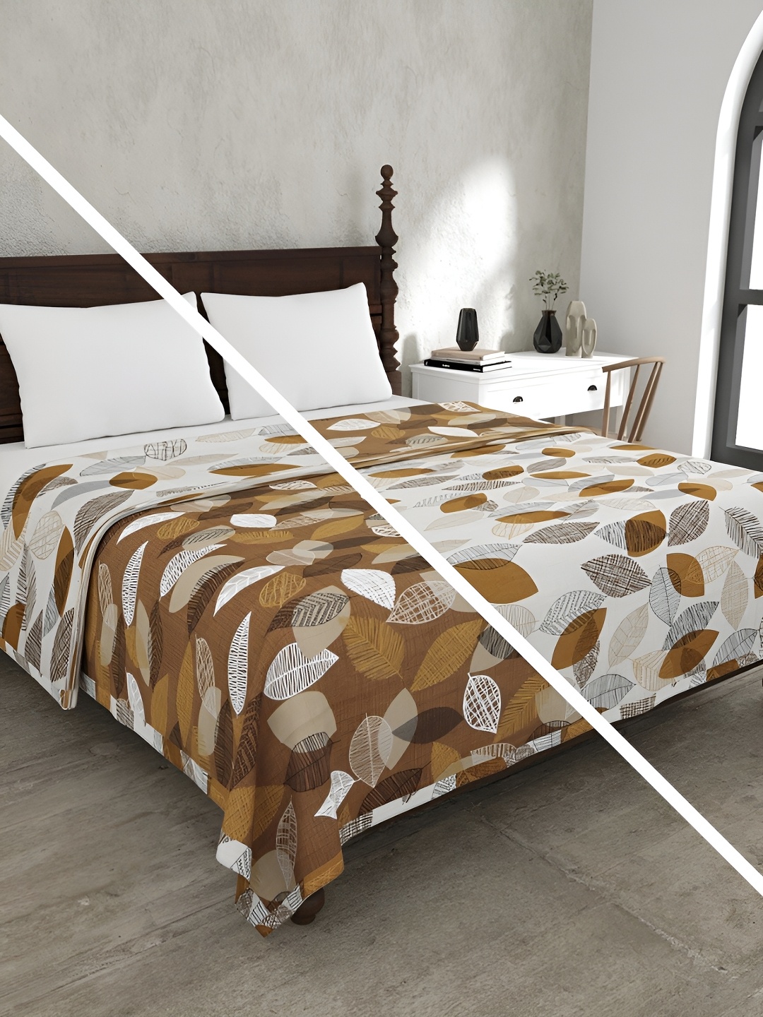 

JAIPUR FABRIC White & Brown Floral Cotton 4 Piece Double King Fine Bedding Set
