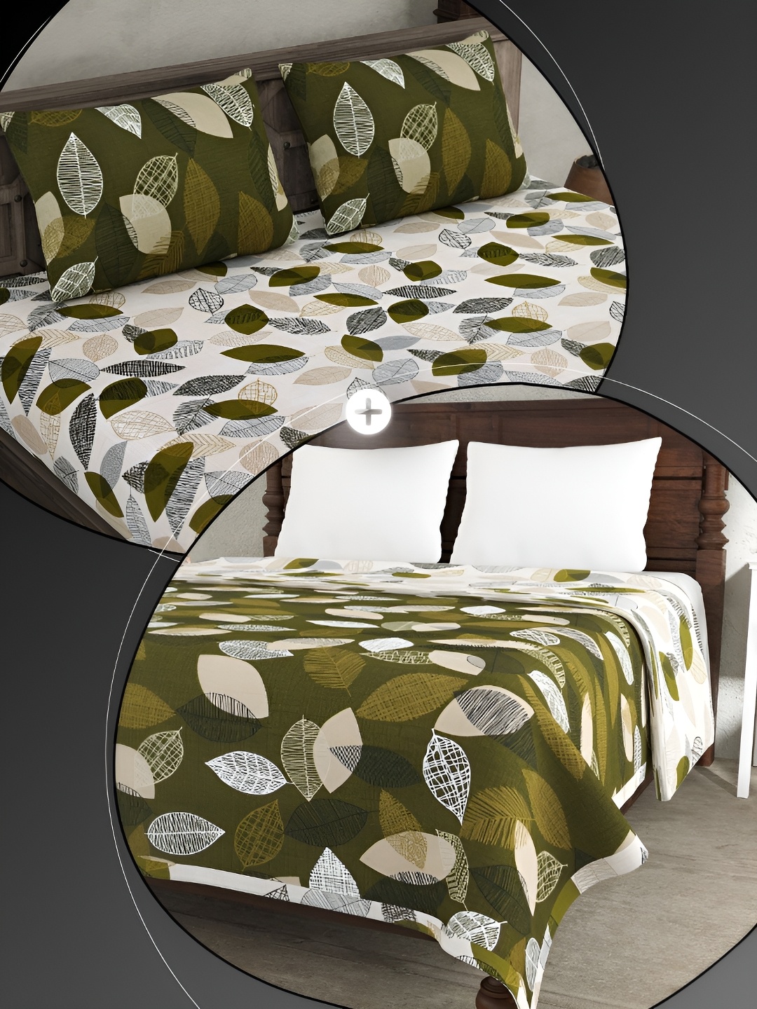 

JAIPUR FABRIC White & Green Floral Cotton 4 Piece Double King Fine Bedding Set