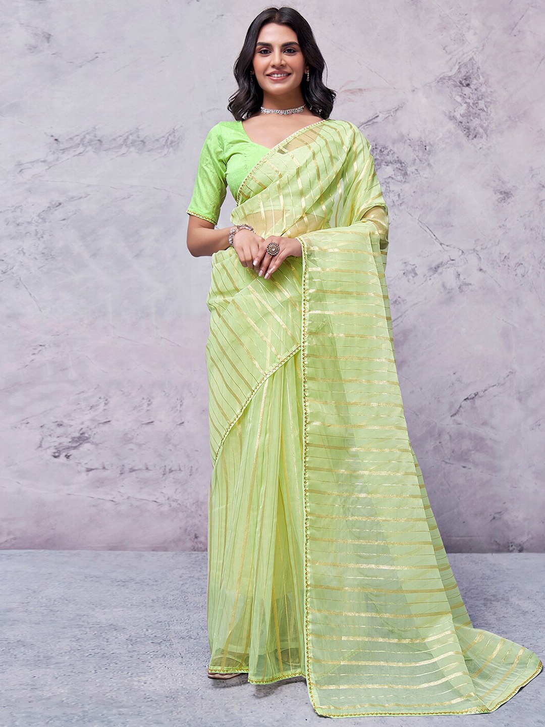 

KALINI Striped Zari Organza Saree, Lime green
