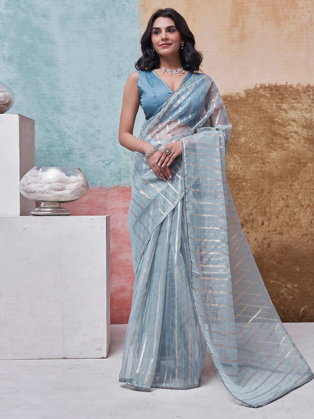 

KALINI Striped Zari Organza Saree, Grey