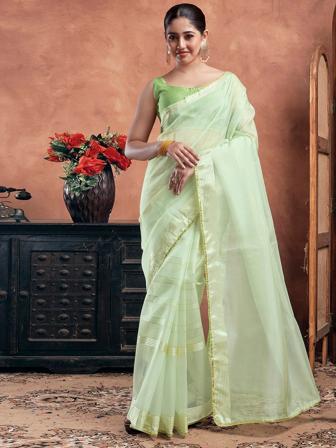 

KALINI Striped Zari Organza Saree, Lime green