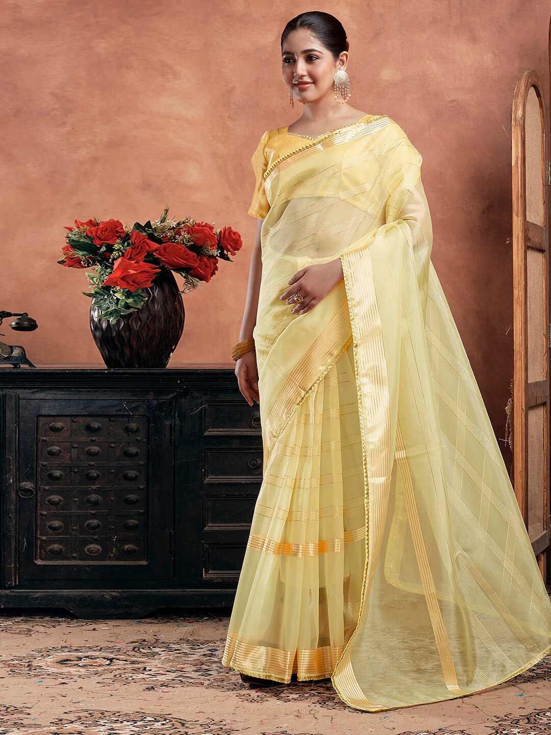 

KALINI Striped Zari Organza Saree, Yellow