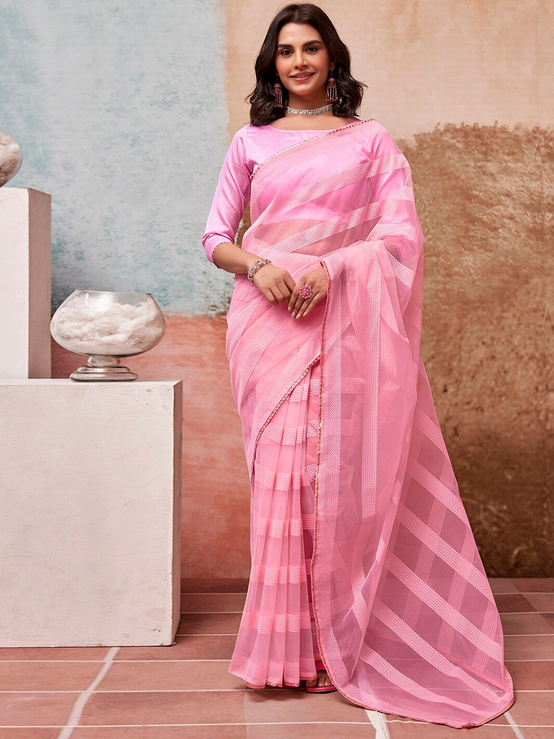 

KALINI Striped Zari Organza Leheriya Saree, Pink