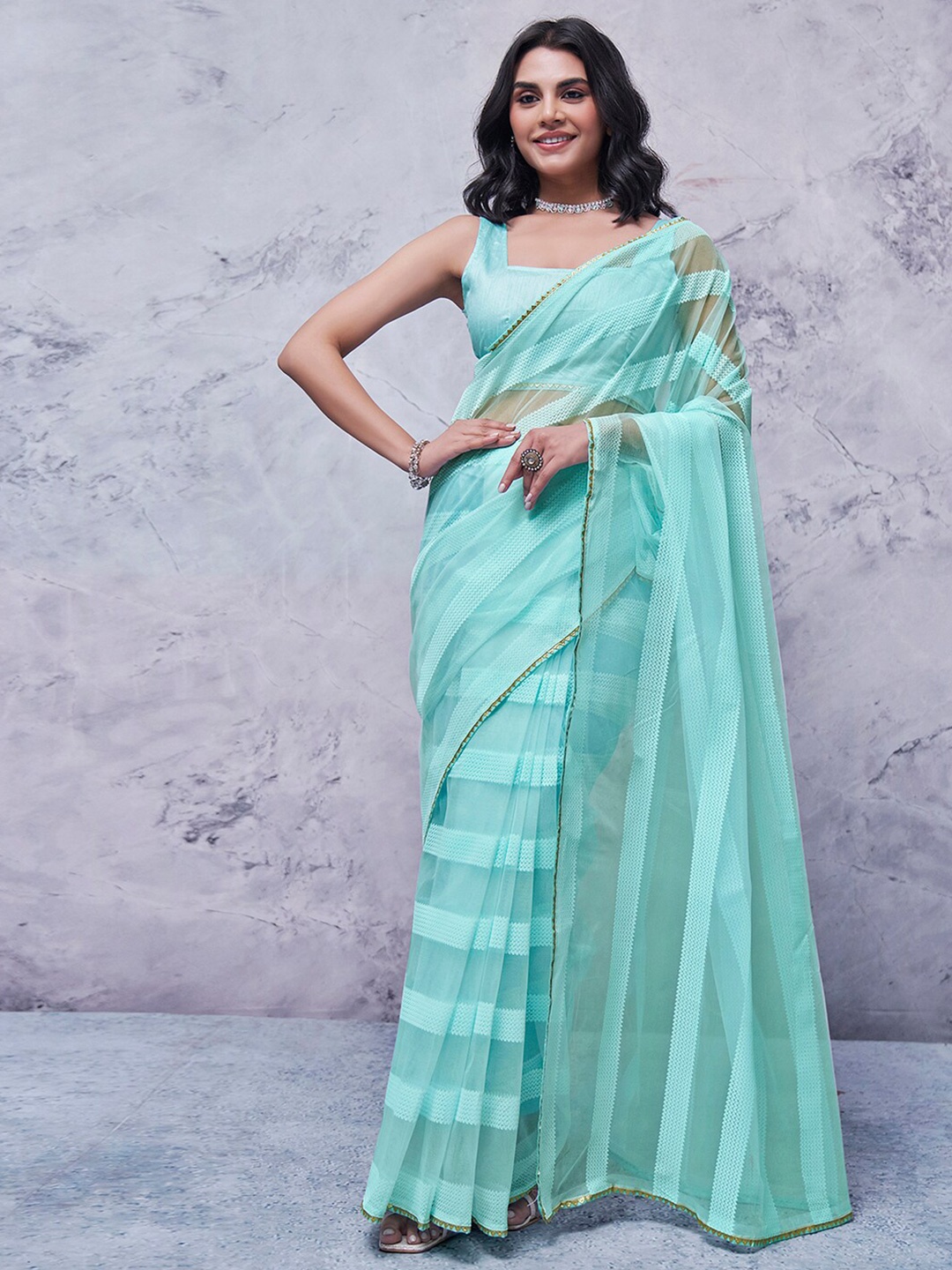 

KALINI Striped Zari Organza Fusion Leheriya Saree, Turquoise blue