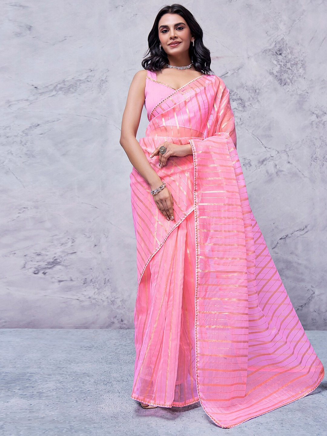 

KALINI Striped Zari Organza Saree, Peach