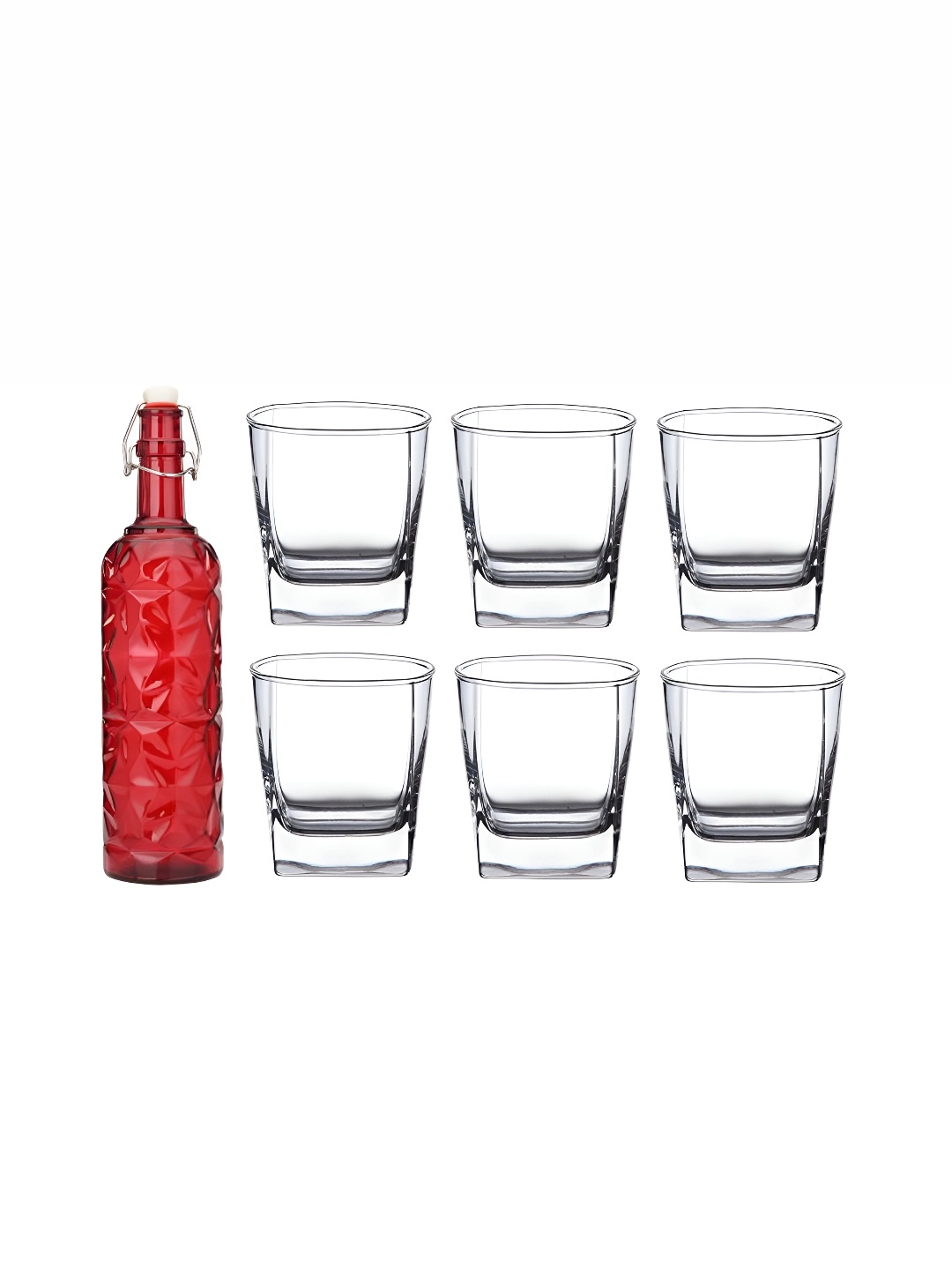 

1ST TIME Red & Transparent 7 Pieces Textured Glasses & Bottle