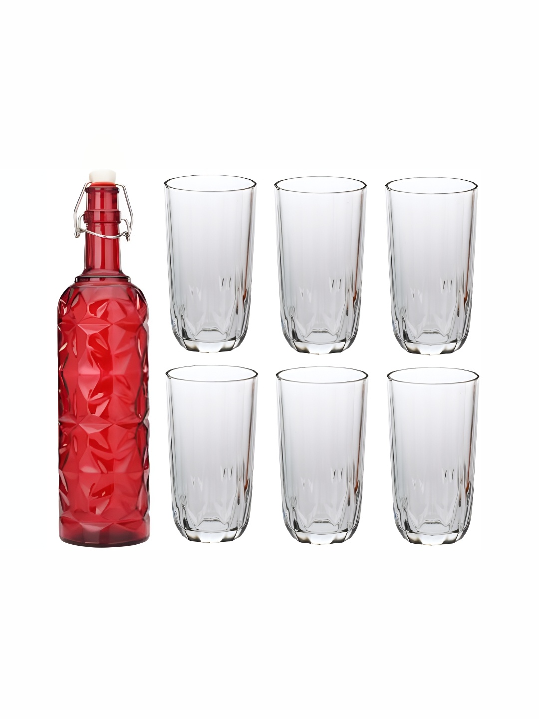 

1ST TIME Red & Transparent 7 Pieces Textured Water Bottle With Glass