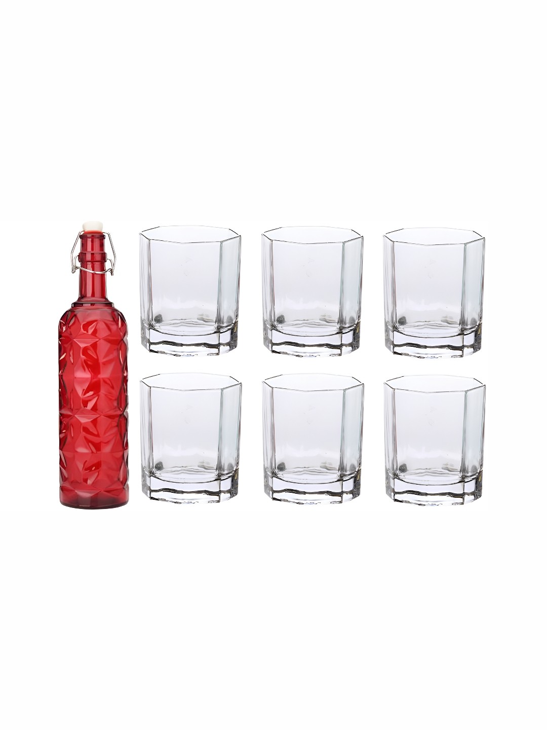 

1ST TIME Red & Transparent 7 Pcs Water Bottle With Glasses