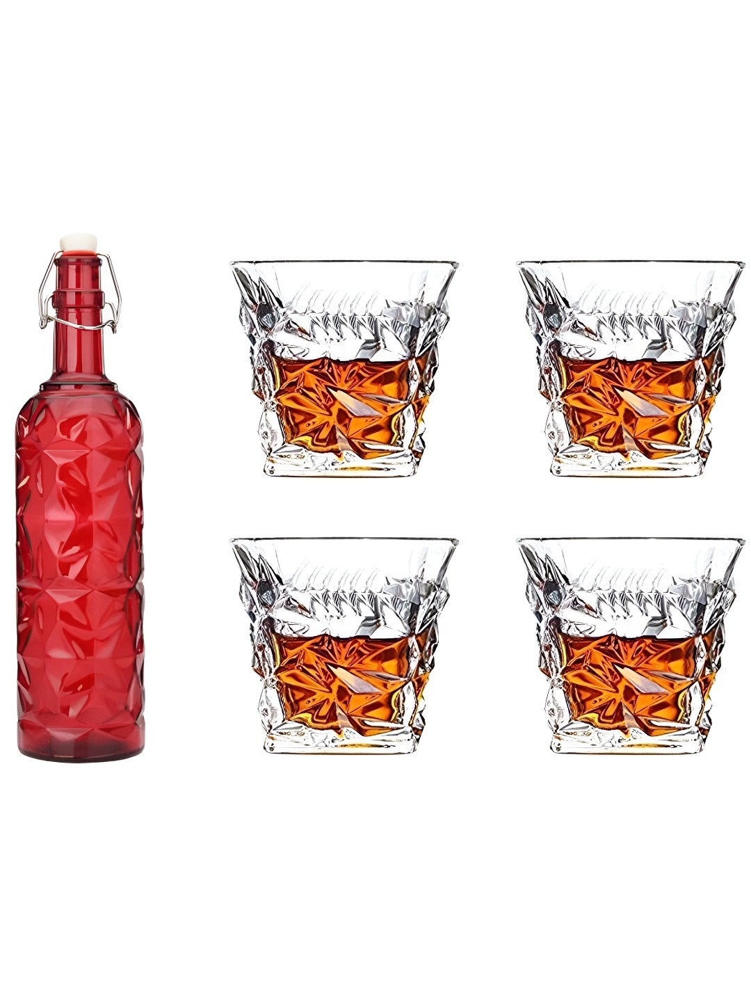 

1ST TIME Red & Transparent 5 Pieces Textured Bottle & Glasses Set