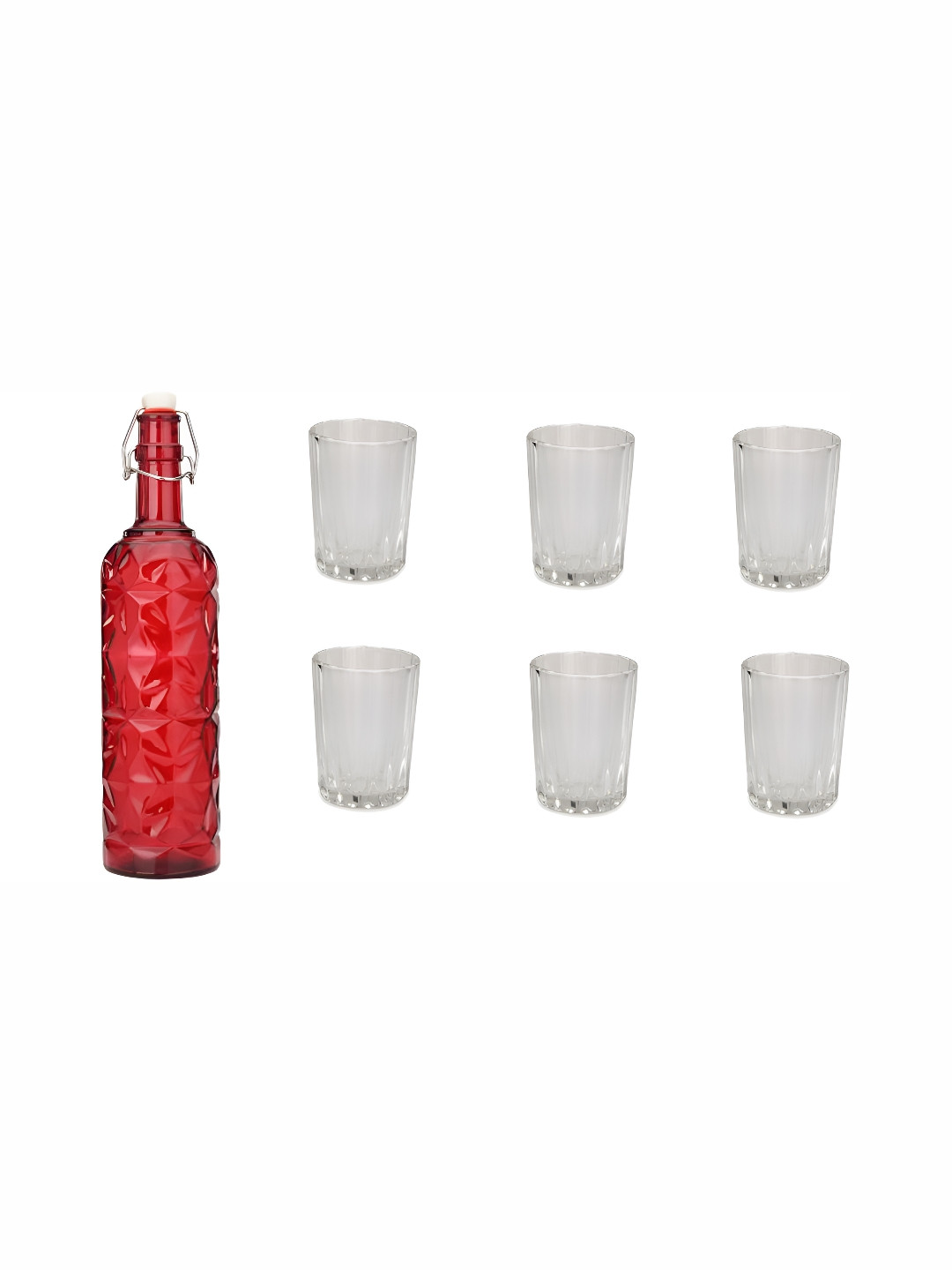 

1ST TIME Red & Transparent 7Pcs Textured Glass Easy to Handle Bottle & Glasses Set