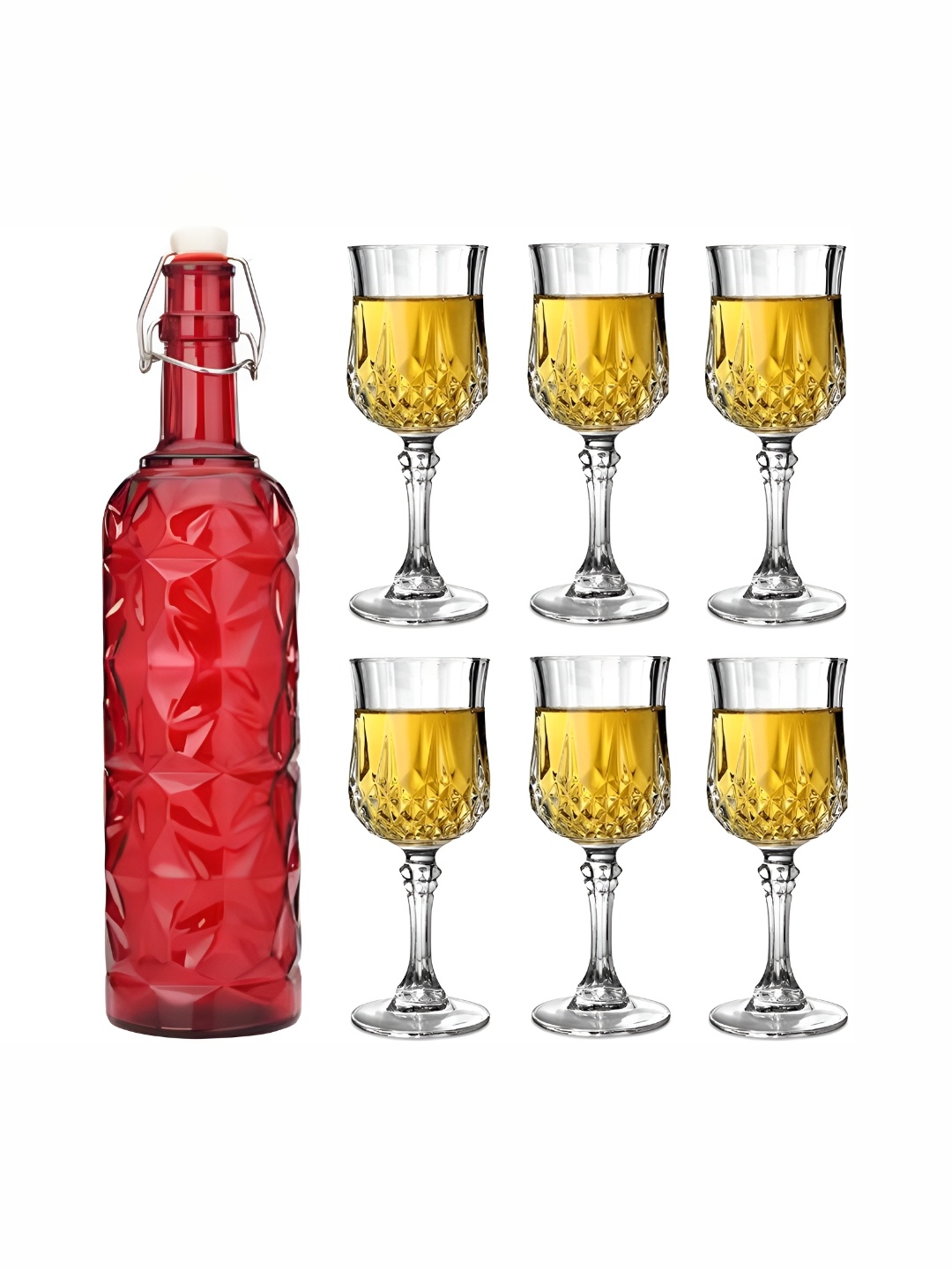

1ST TIME Red & Transparent 7 Pieces Textured Bottle & Glasses Set