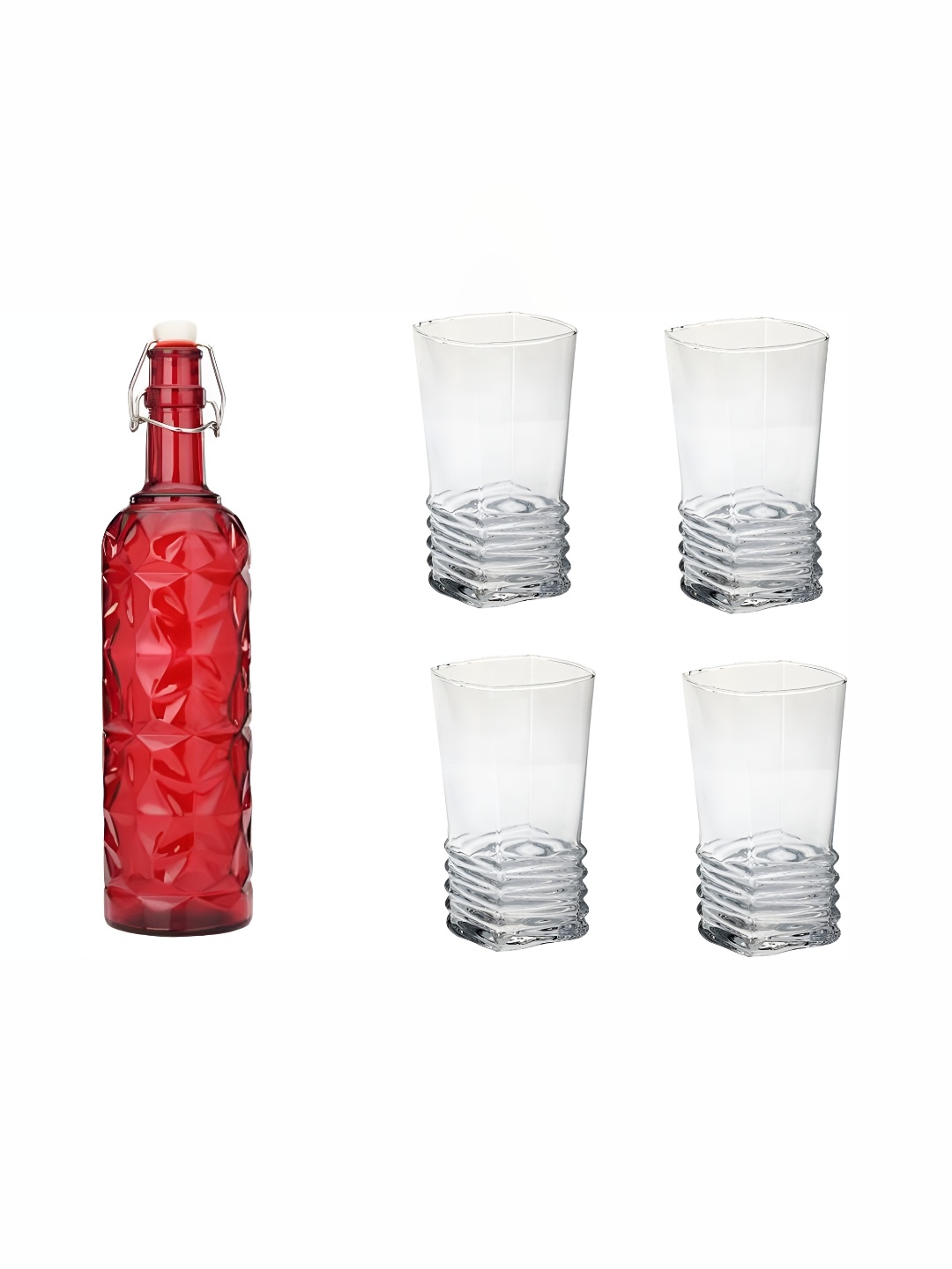 

1ST TIME Red & Transparent 5 Pieces Water Bottle With Water Glasses Set