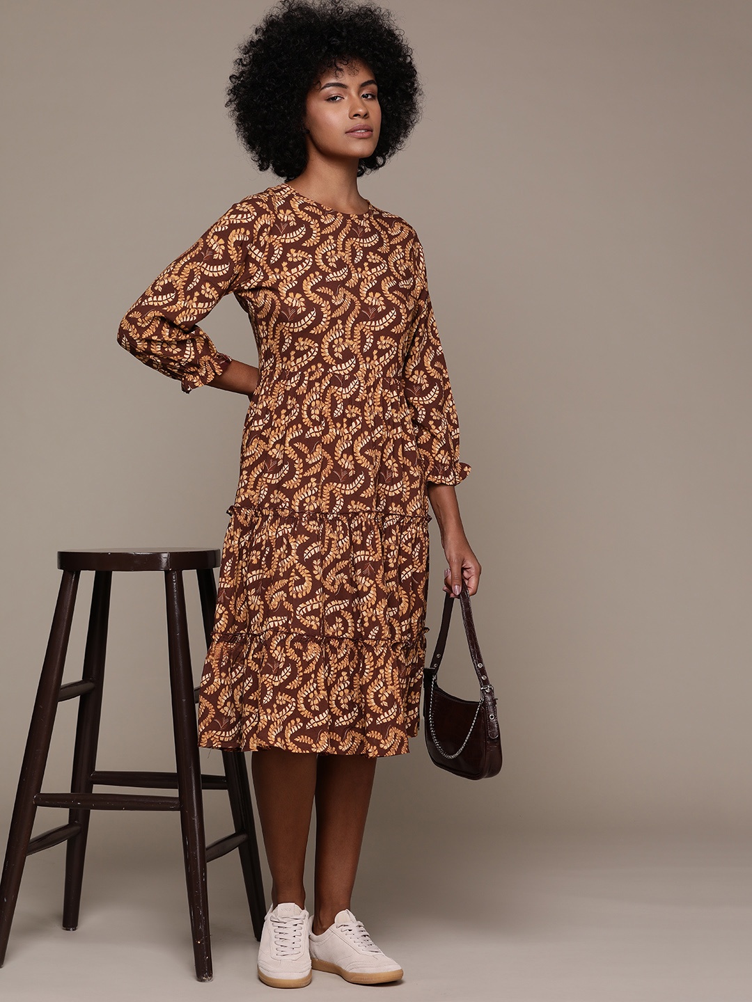 

Roadster Tropical Print Bishop Sleeve Ruffled A-Line Dress, Brown