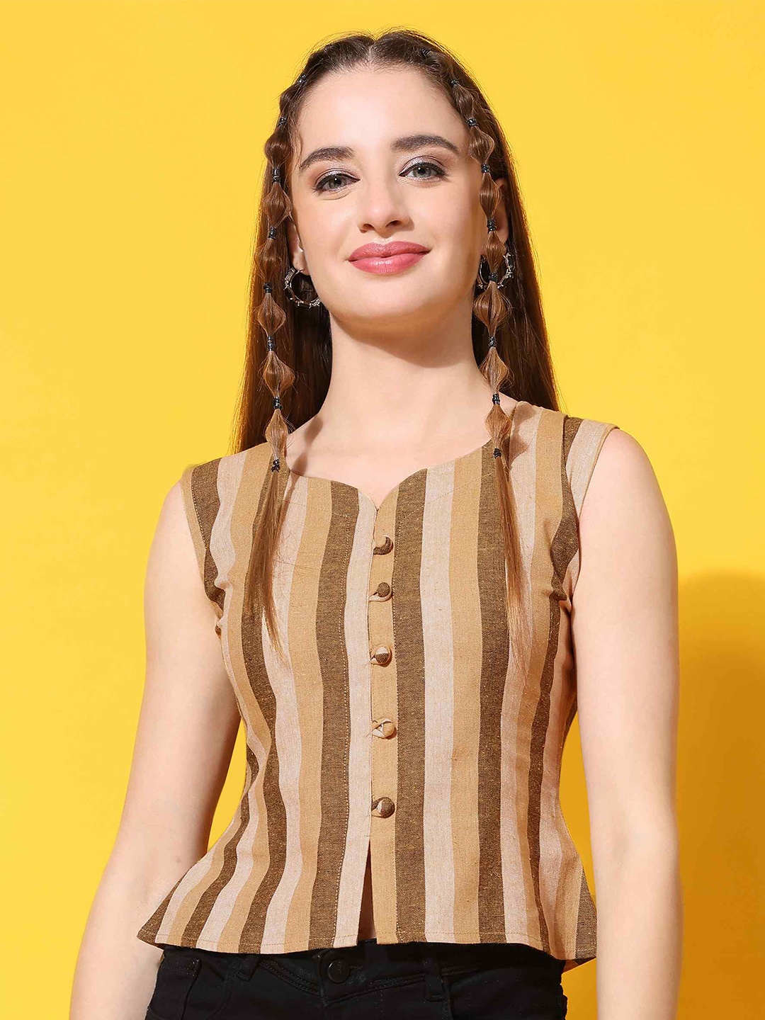 

TextileNow Striped Sweetheart Neck Sleeveless Cotton Top, Rust