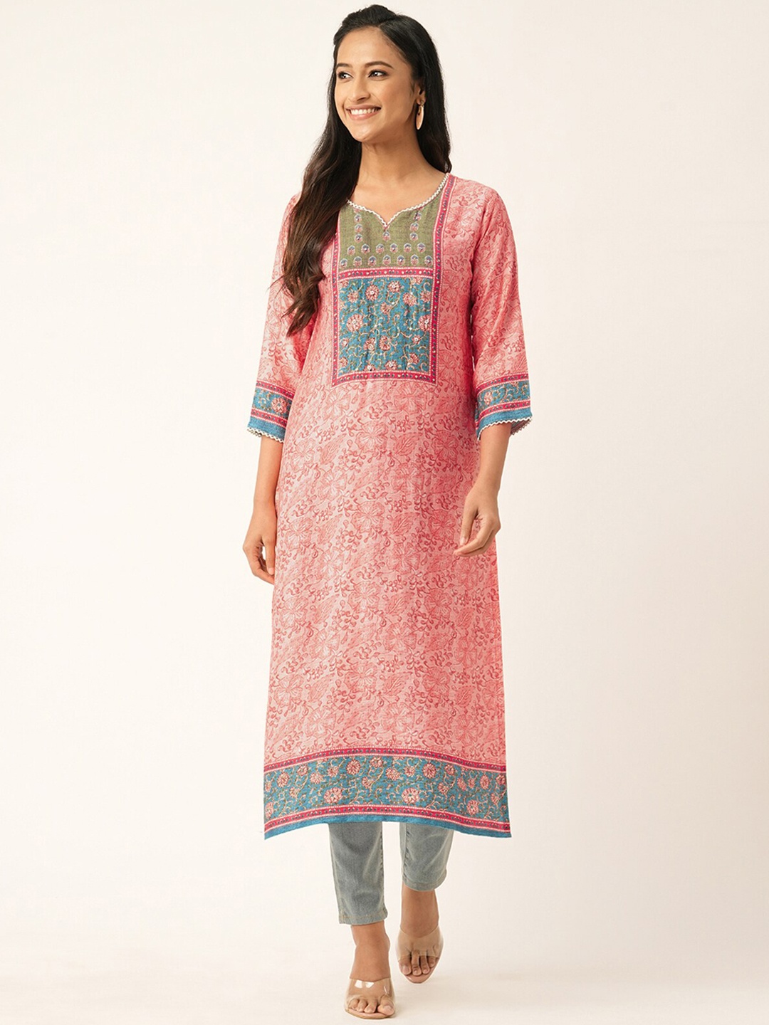 

ODETTE Floral Printed Sequins Straight Kurta, Pink