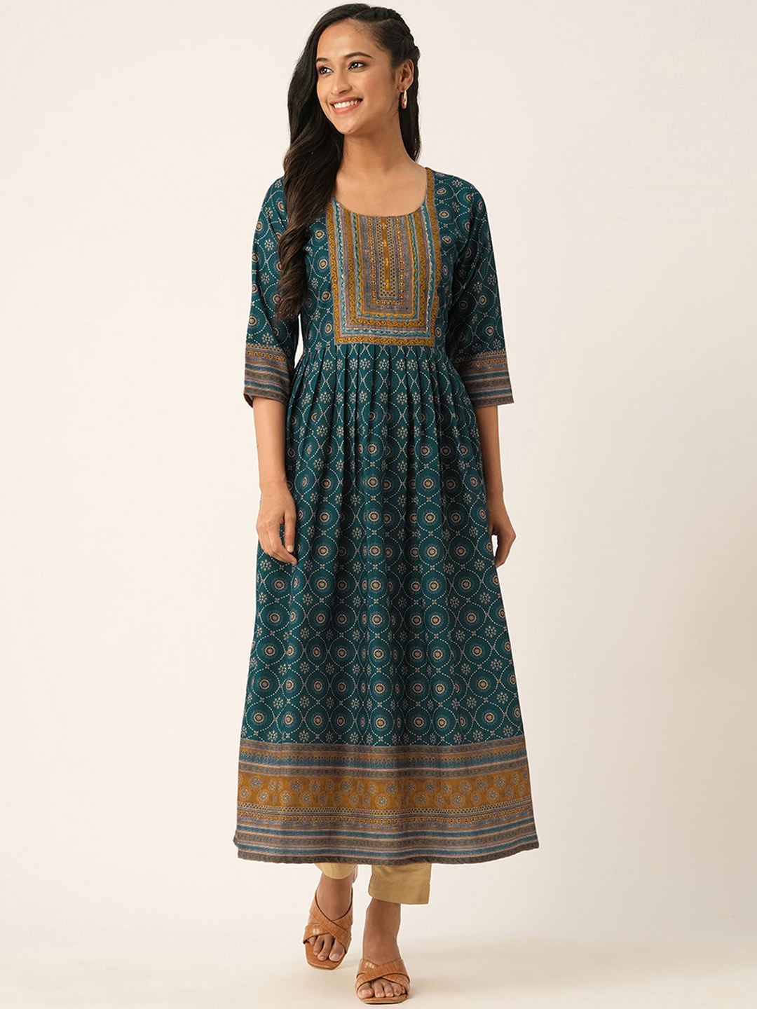 

ODETTE Round Neck Ethnic Motifs Printed Mirror Work Silk Anarkali Kurta, Teal