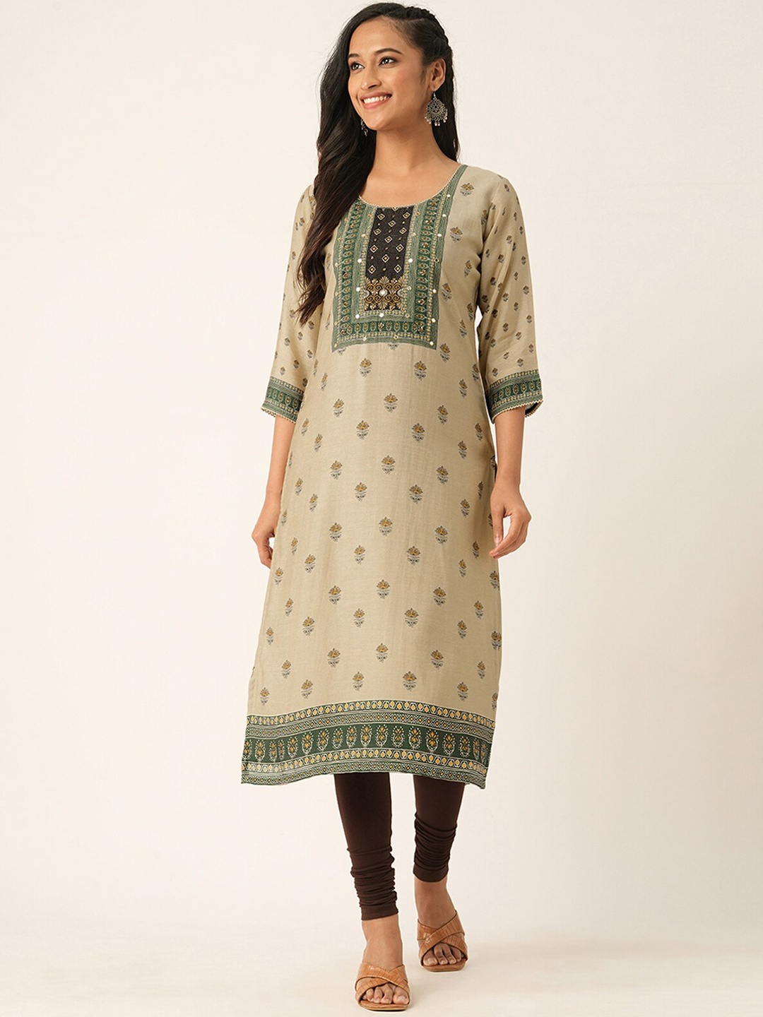 

ODETTE Ethnic Motifs Printed Cotton Kurta, Beige