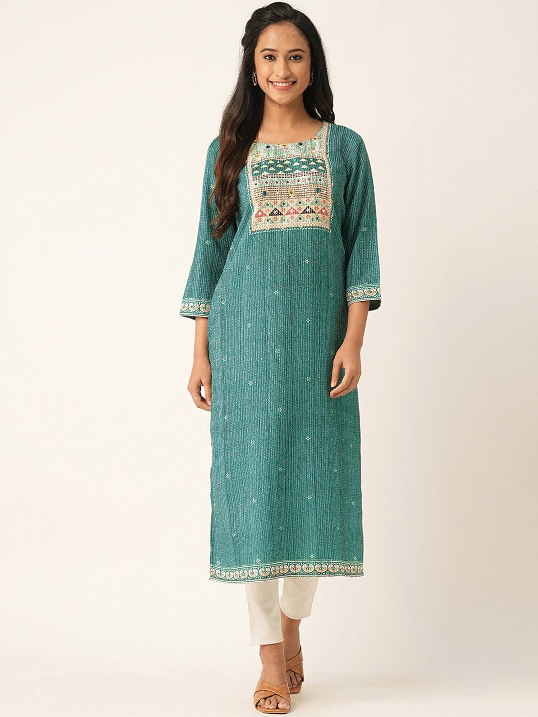 

ODETTE Striped Mirror Work Straight Kurta, Green