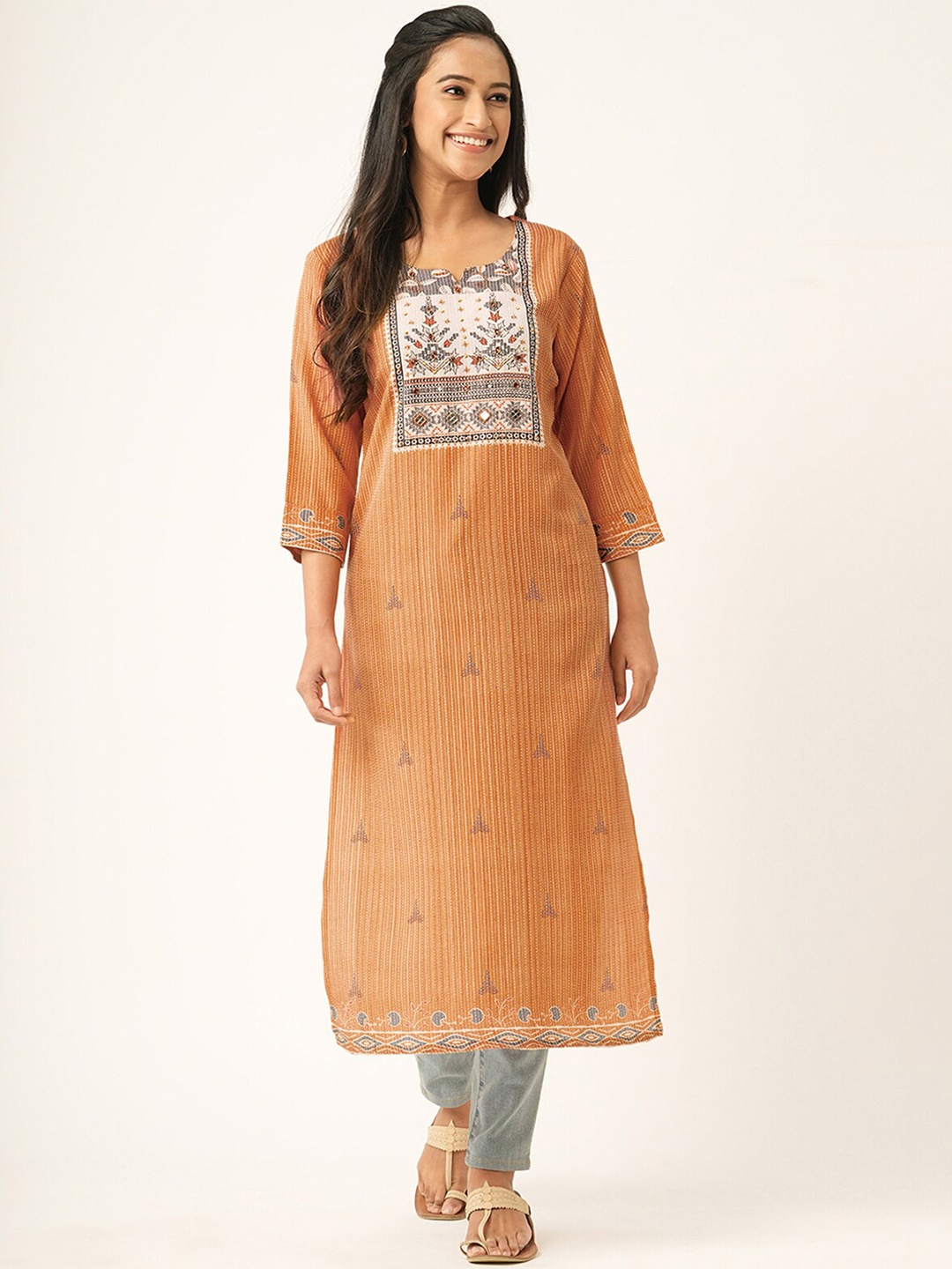 

ODETTE Striped Thread & Mirror Work Cotton Straight Kurta, Orange