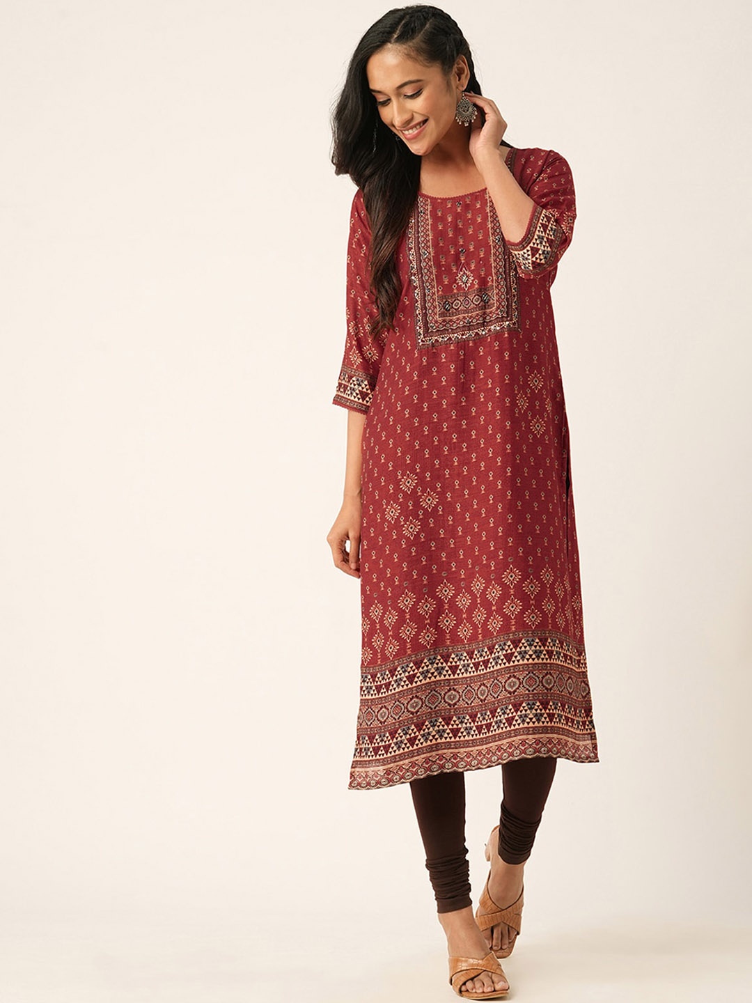 

ODETTE Ethnic Motifs Printed Thread Work Kurta, Maroon