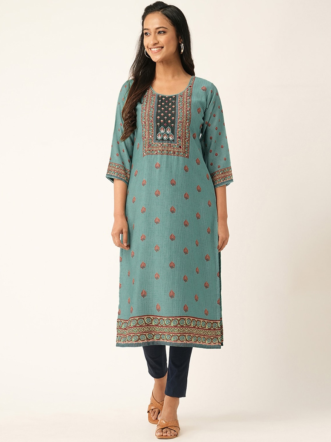 

ODETTE Ethnic Motifs Printed Beads and Stones Straight Kurta, Blue