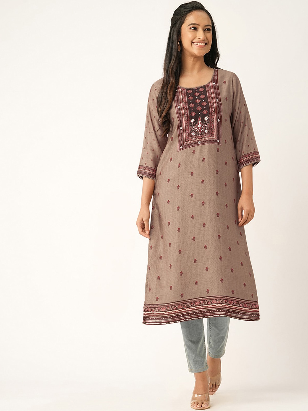 

ODETTE Ethnic Motifs Printed Beads And Stones Round Neck Straight Kurta, Beige