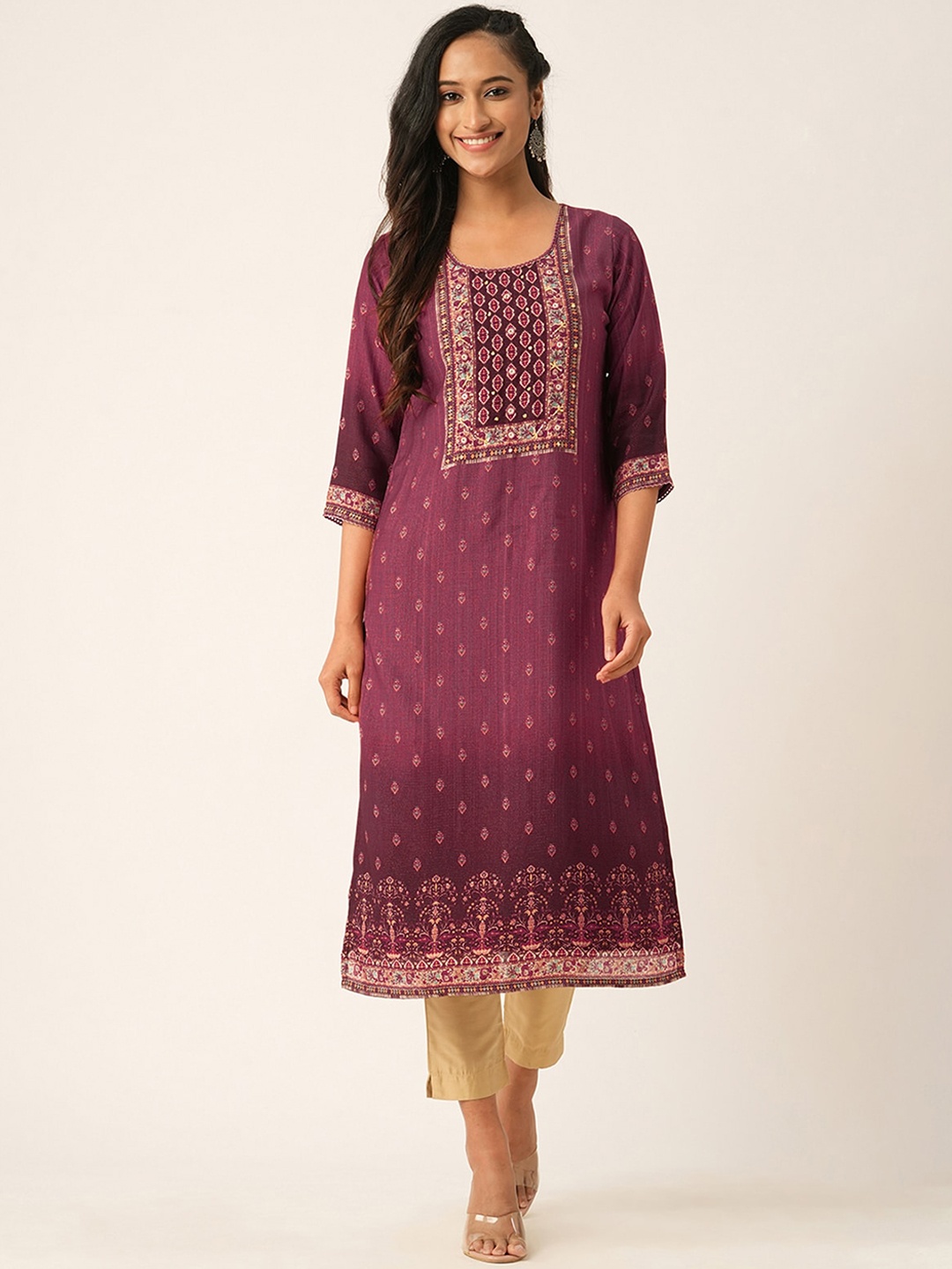 

ODETTE Ethnic Motifs Printed Round Neck Straight Kurta, Violet