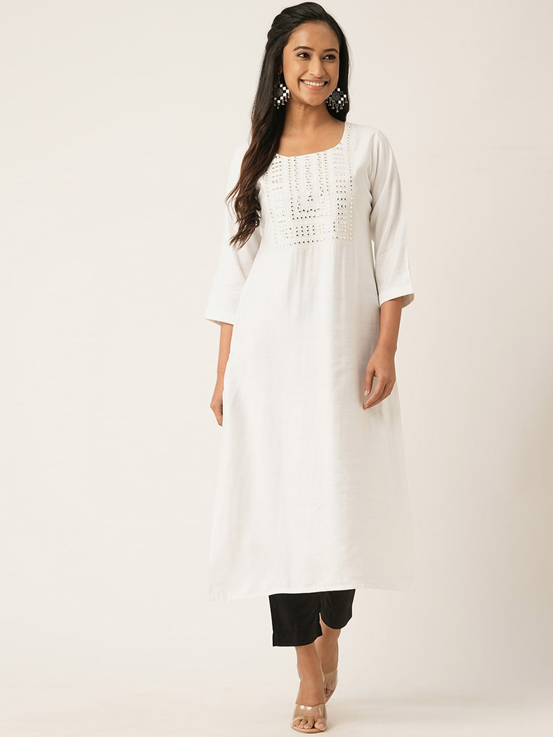 

ODETTE Geometric Yoke Design Mirror Work Straight Kurta, White