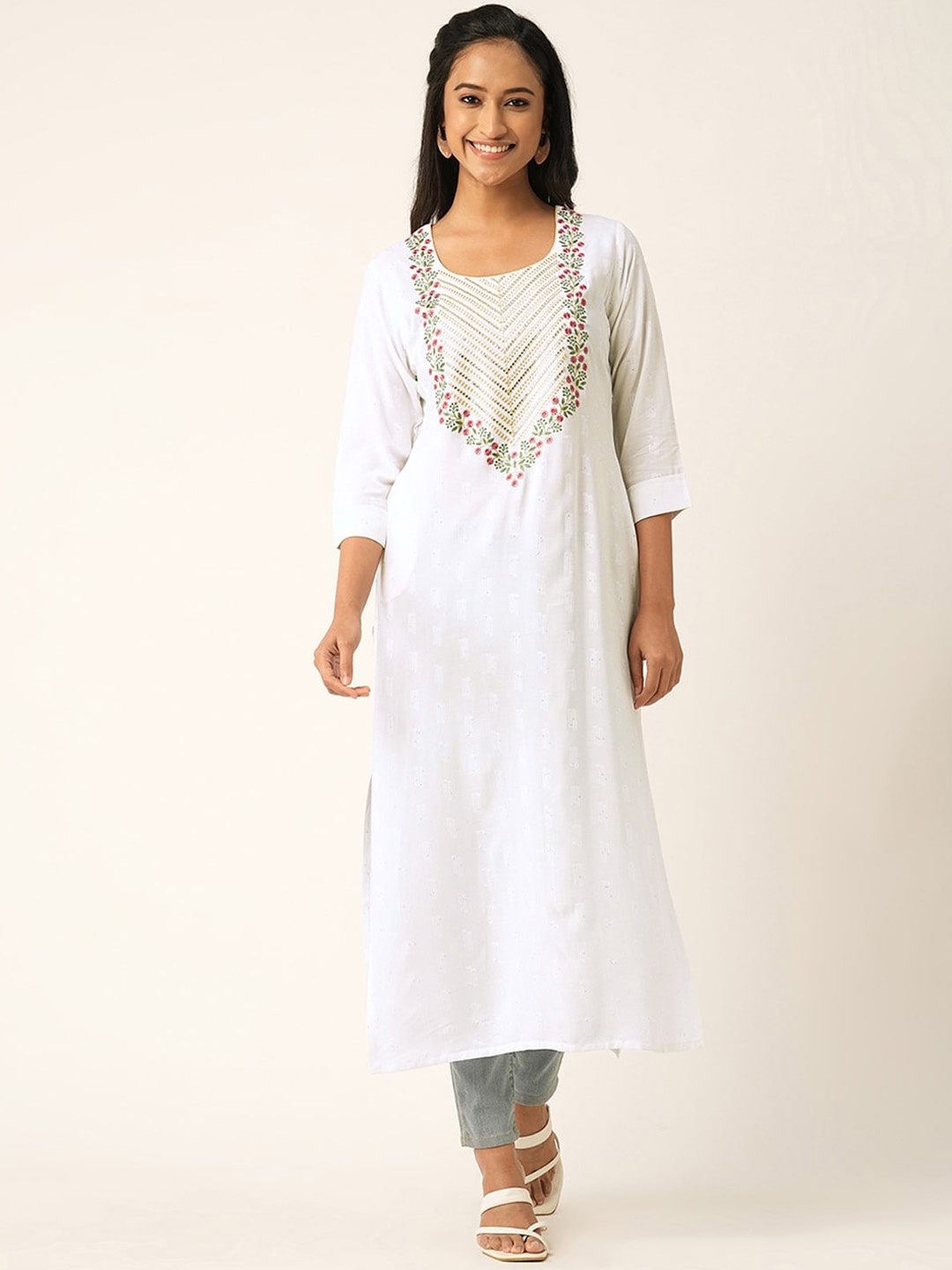 

ODETTE Floral Embroidered Round Neck Mirror Work Straight Kurta, White