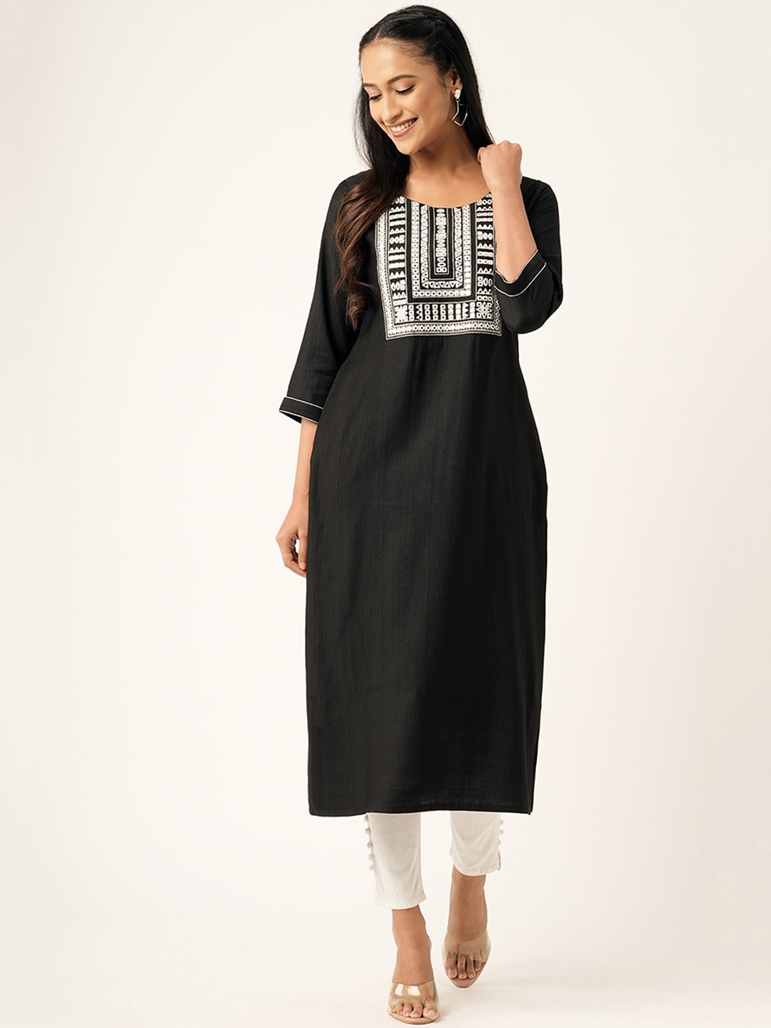 

ODETTE Geometric Embroidered Round Neck Thread Work Straight Kurta, Black