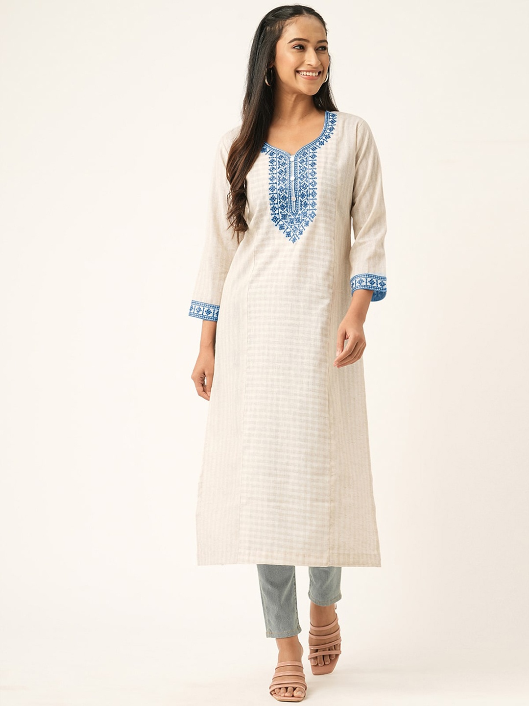 

ODETTE Geometric Yoke Design Thread Work Cotton Strigth Kurta, Off white
