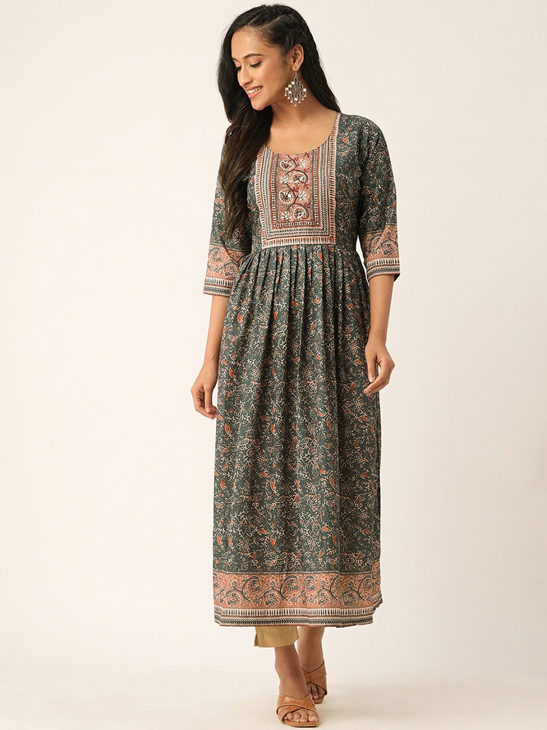 

ODETTE Ethnic Motifs Printed Anarkali Kurta, Grey