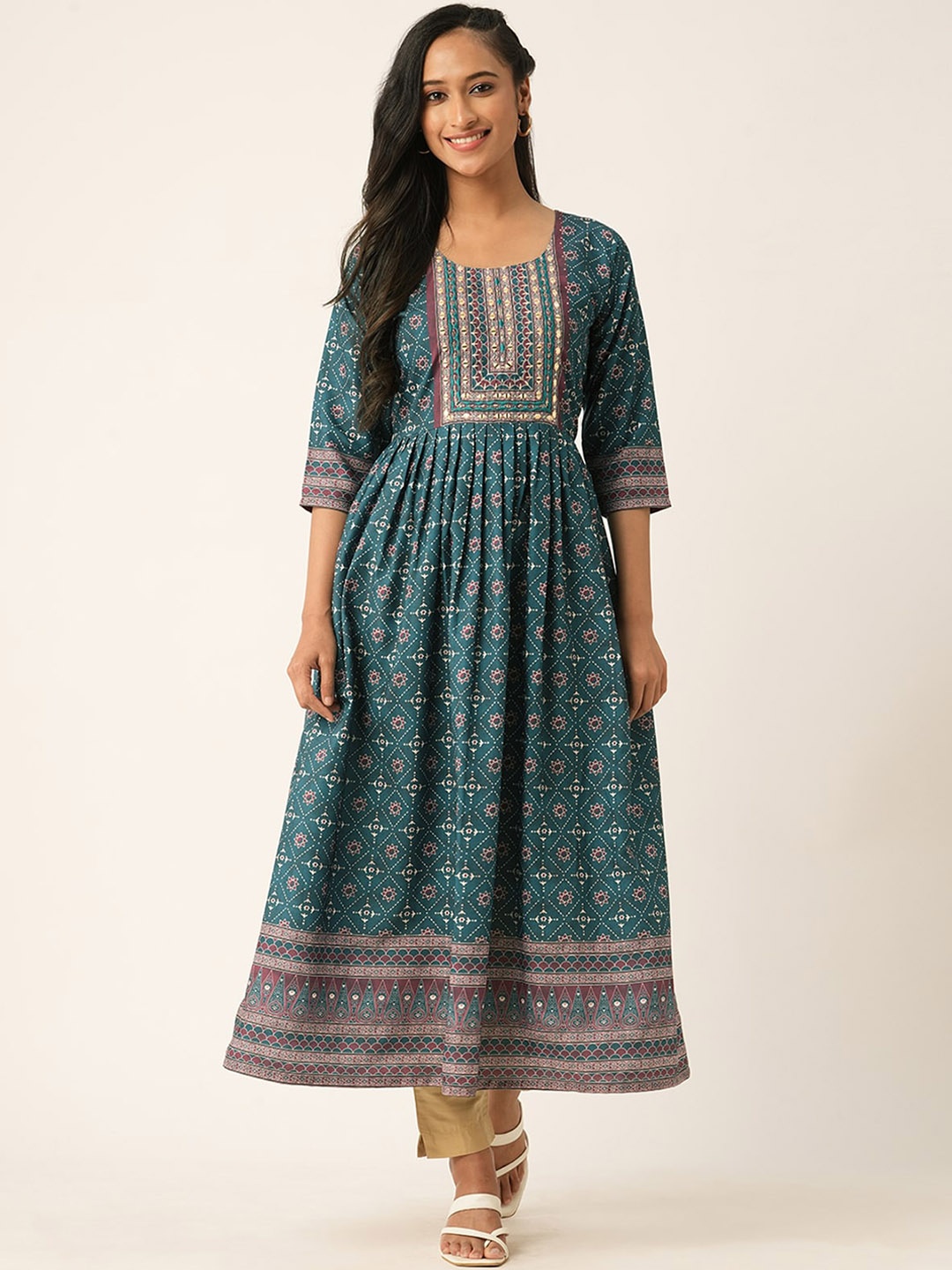 

ODETTE Ethnic Motifs Printed Anarkali Kurta, Teal