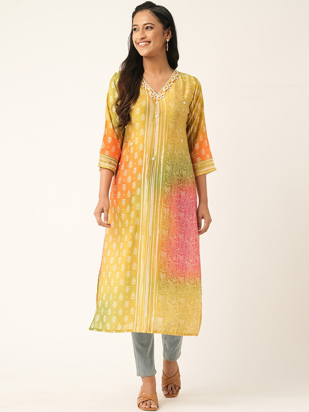 

ODETTE Ethnic Motifs Printed V Neck A-Line Kurta, Yellow