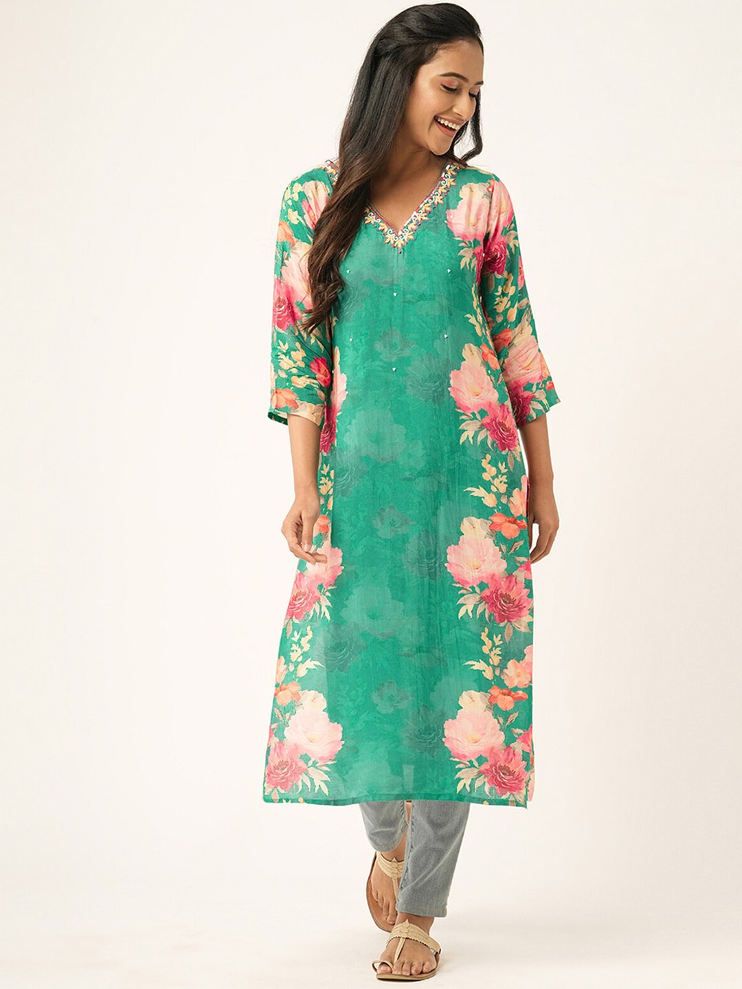 

ODETTE Floral Printed Cotton Strigth Kurta, Sea green