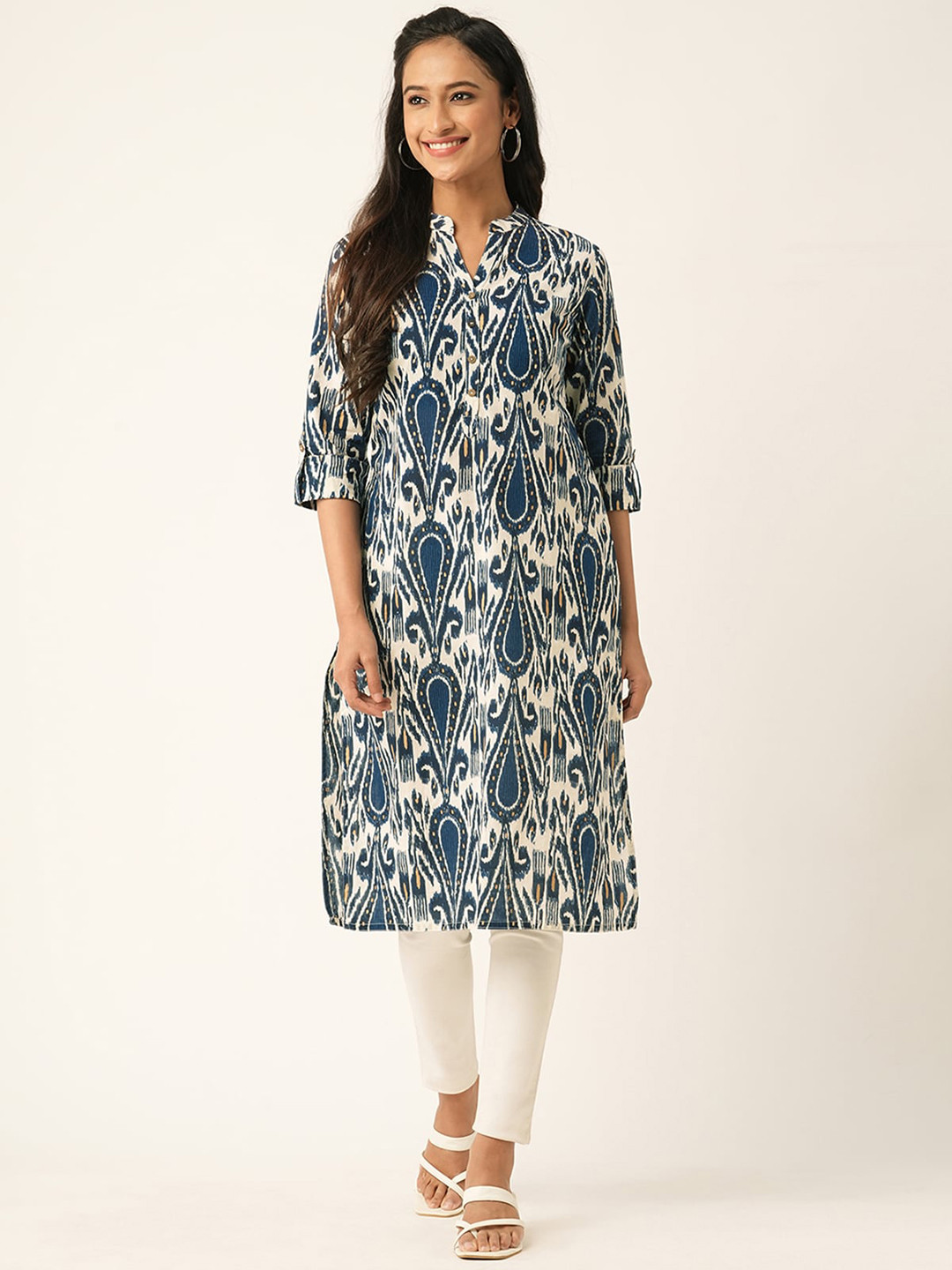 

ODETTE Mandarin Collar Printed Cotton Kurta, Blue