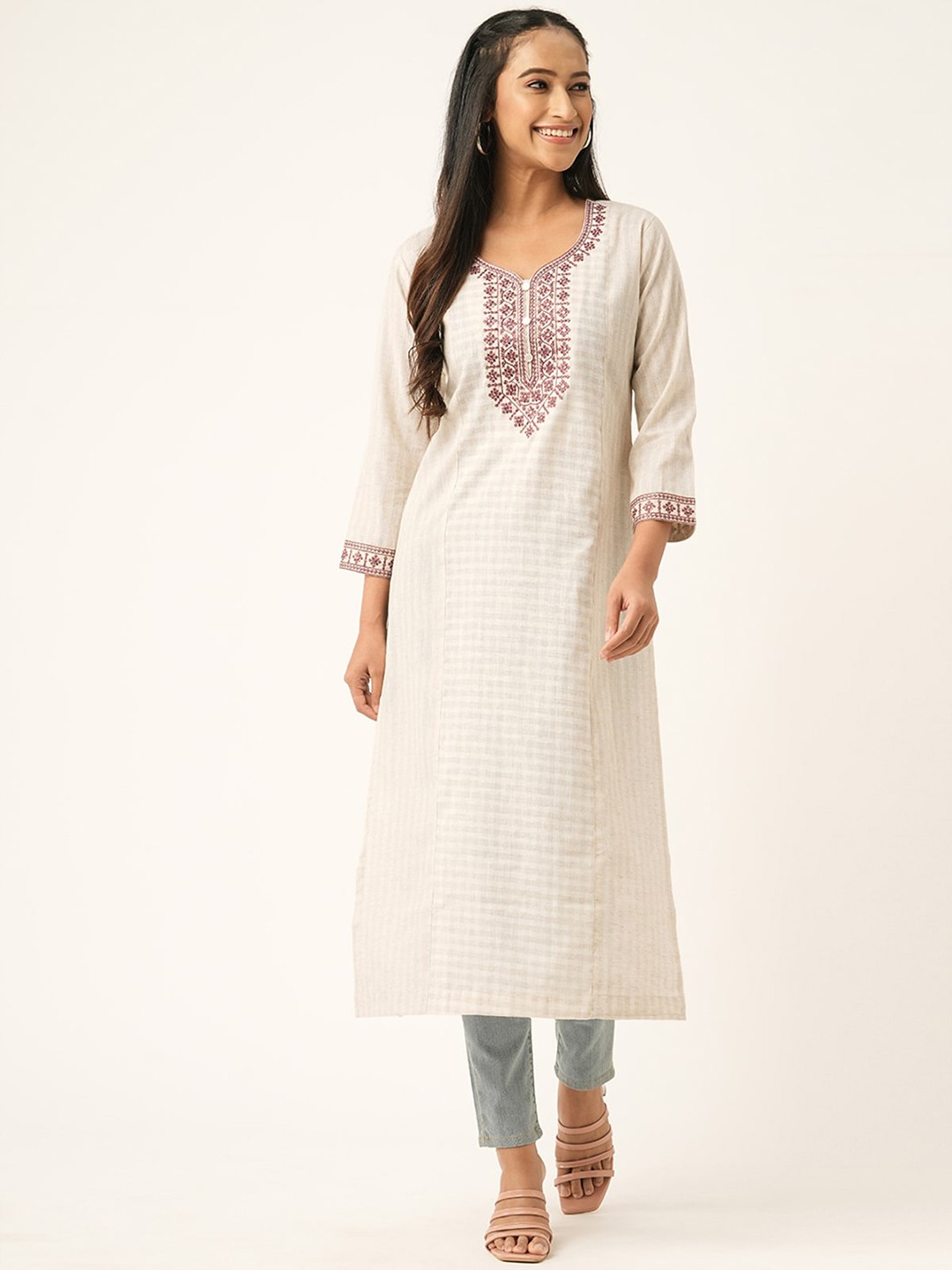 

ODETTE Checked Thread Work Cotton Straight Kurta, Cream