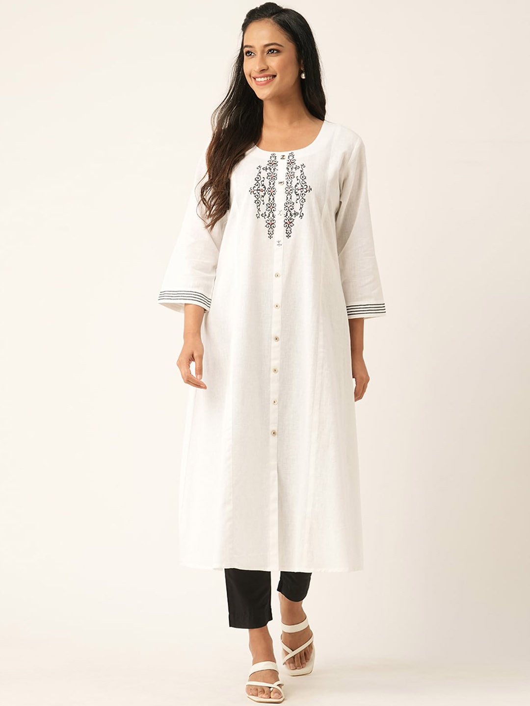 

ODETTE Yoke Design Round Neck Thread Work Cotton Panelled A-Line Kurta, White