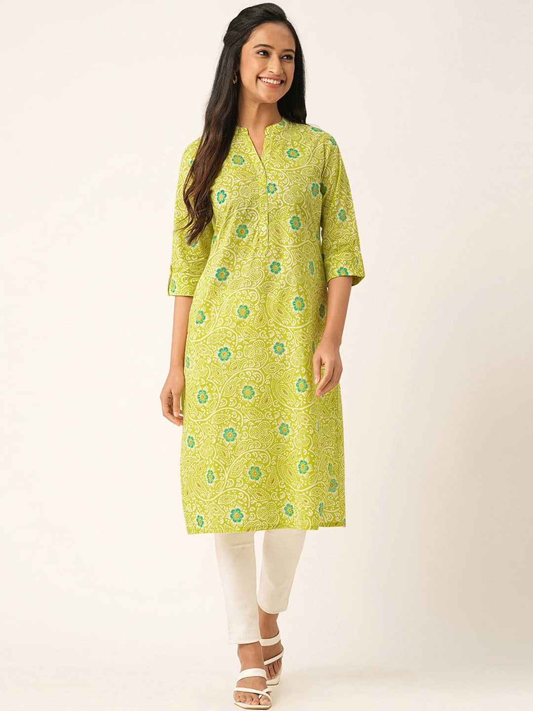 

ODETTE Mandarin Collar Printed Cotton Kurta, Green