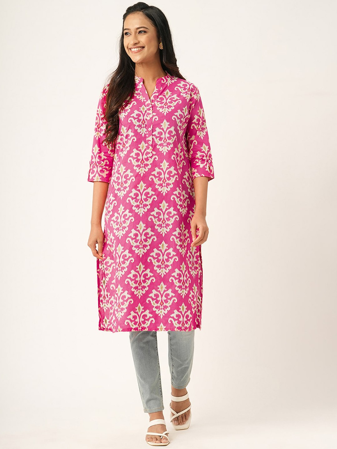 

ODETTE Ethnic Motifs Printed Cotton Straight Kurta, Pink