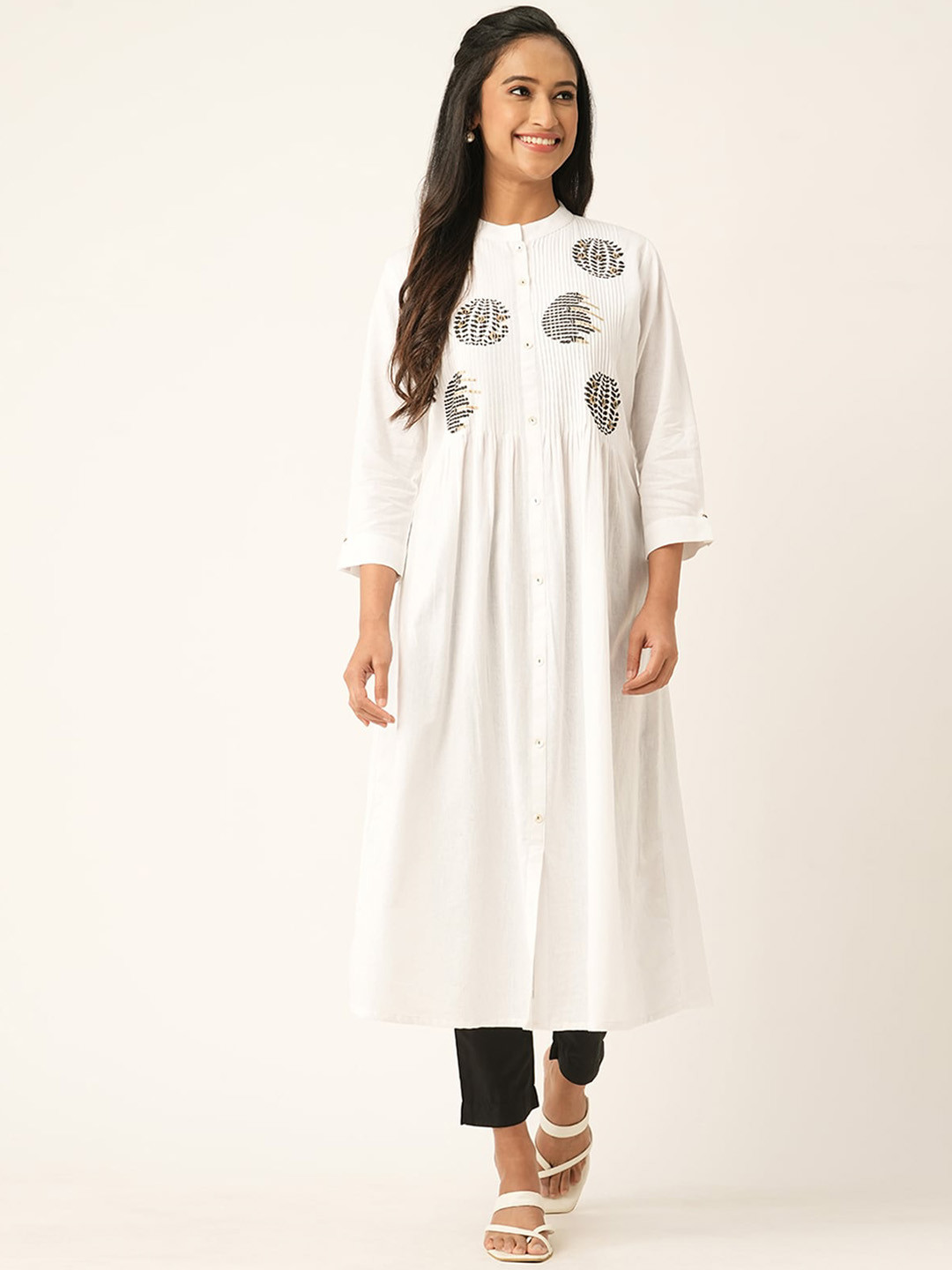 

ODETTE Mandarin Collar Yoke Design Cotton Anarkali Kurta, White