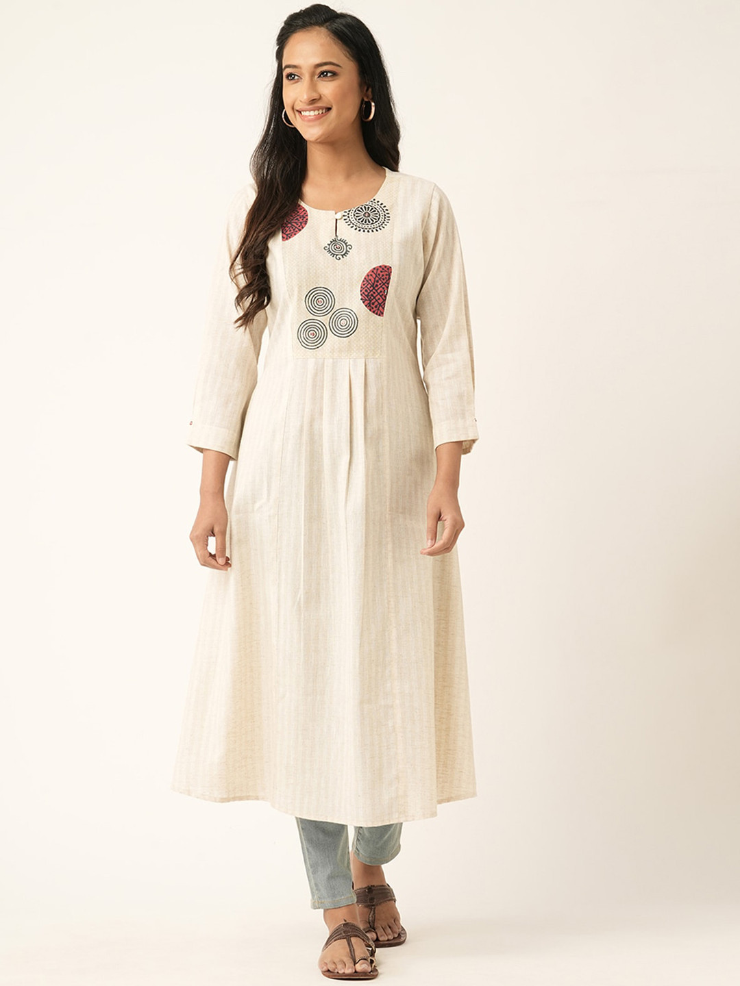 

ODETTE Geometric Printed Keyhole Neck Cotton Anarkali Kurta, Cream