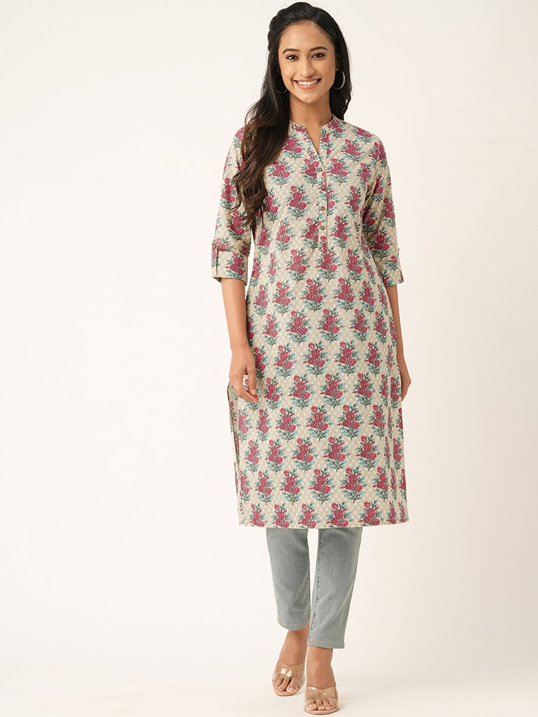 

ODETTE Floral Printed Mandarin Collar Straight Kurta, Beige