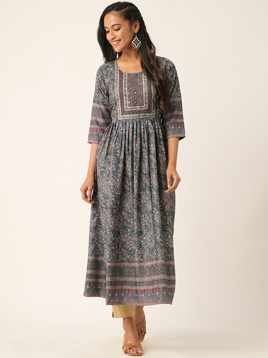 

ODETTE Round Neck Ethnic Motifs Printed Cotton Anarkali Kurta, Green
