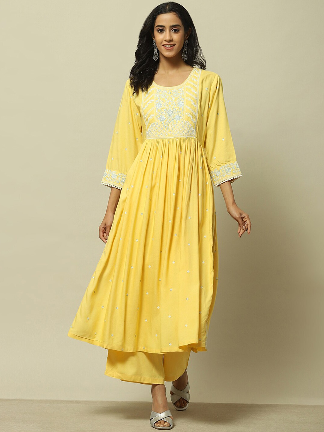 

Rangriti Women Ethnic Motifs Embroidered Empire Thread Work Kurta with Palazzos, Yellow