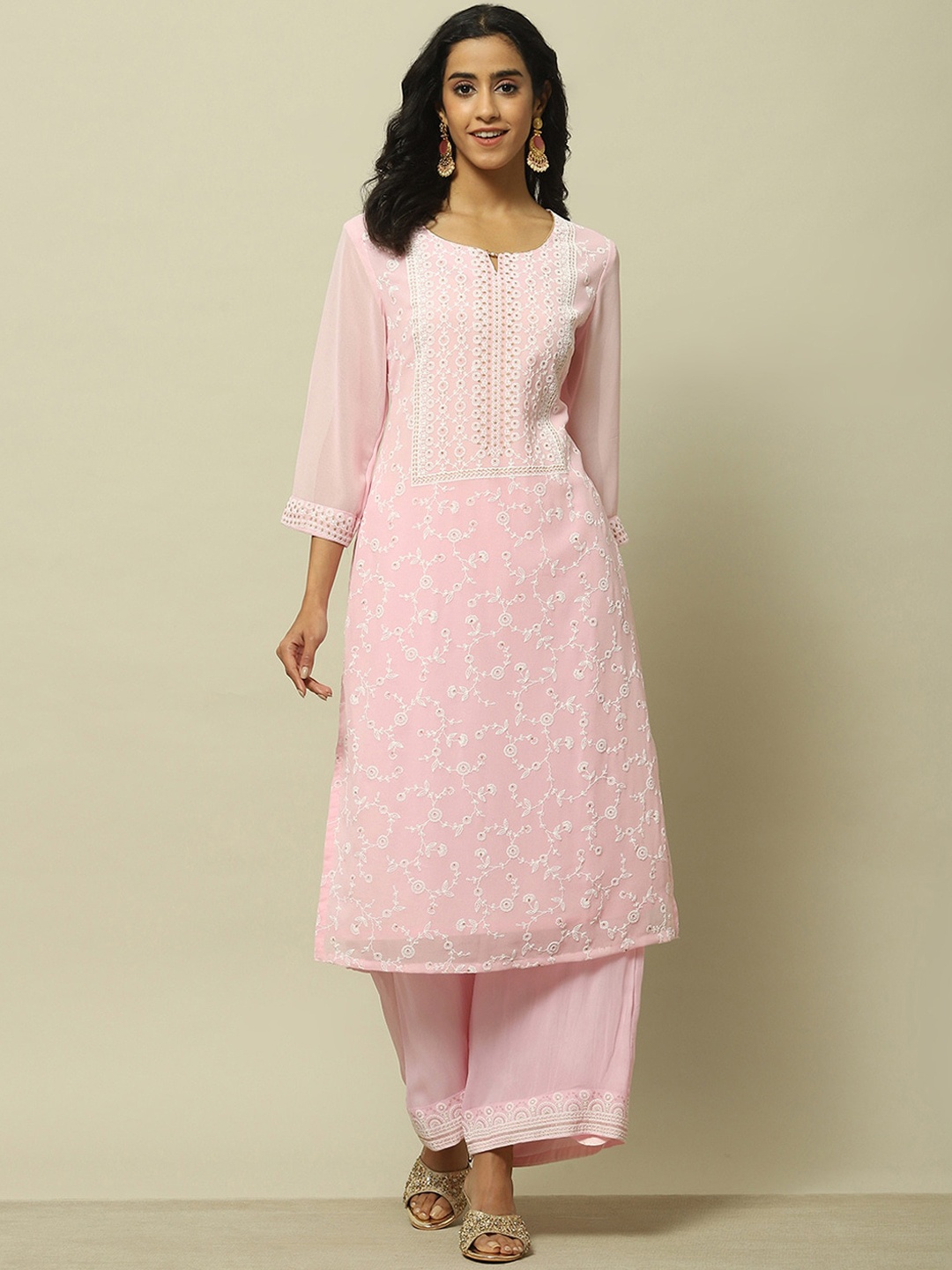 

Rangriti Ethnic Motifs Embroidered Notch Neck Straight Kurta, Pink